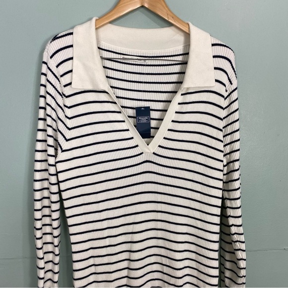 Abercrombie & Fitch Striped Blue White Collared Long Sleeve Midi Dress XL - Picture 3 of 9